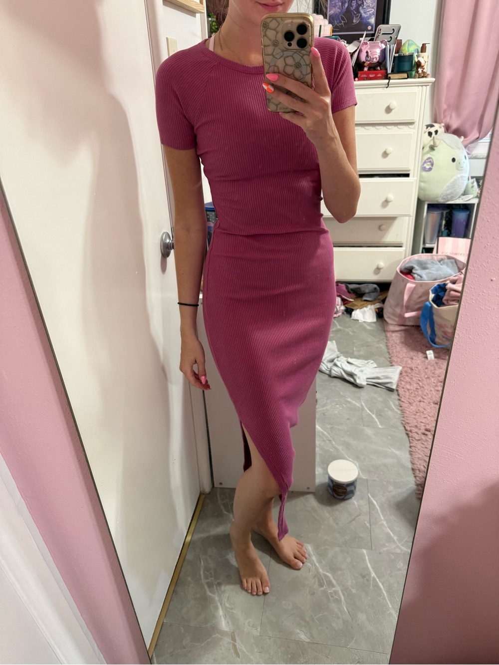 PINK Victoria's Secret Ribbed Midi Dress in Rose Pink